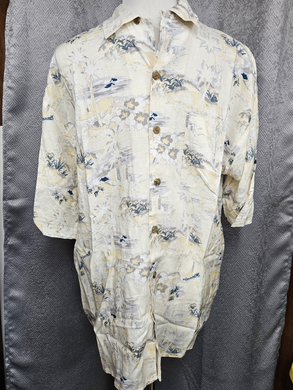 Morro Bay Palm Print Button-Up Shirt Cream & Blue Floral Hawaiian Medium